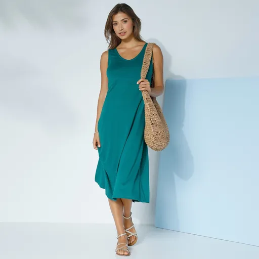 Jednofarebné rozšírené midi šaty bez rukávov