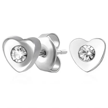 Náušnice z ocele 316L, strieborná farba, súmerné srdiečko so zirkónikom