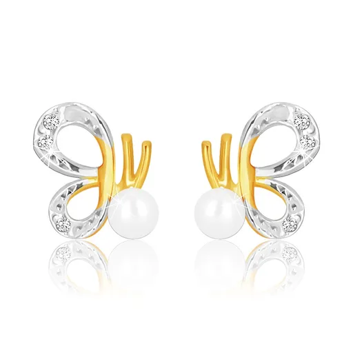 Náušnice v kombinovanom 9K zlate - motýľ s vyrezávanými krídlami a bielou perlou, zirkóniky