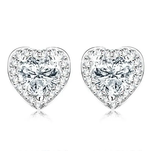 Ródiované náušnice, striebro 925, číre zirkónové srdiečko, trblietavý okraj