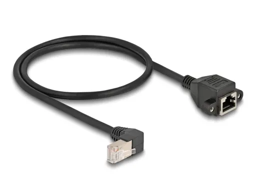 Delock Sieťový predlžovací kábel zo zástrčky S/FTP RJ45, pravouhlý (90°), na integrovanú zásuvku RJ45, Cat.6A, 0,5 m, čierny