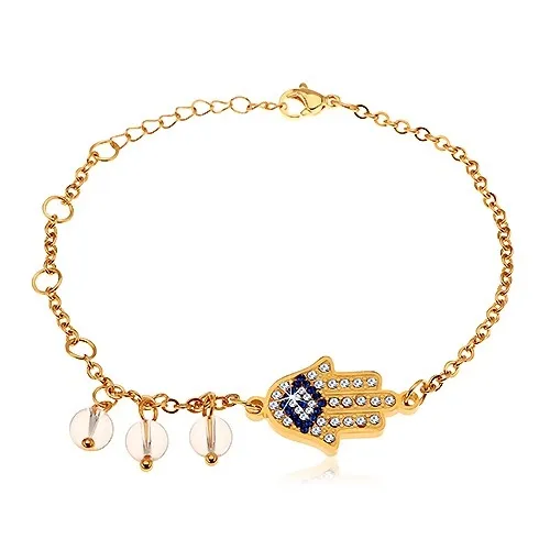 Náramok z chirurgickej ocele, zlatý odtieň, modro-číra ruka Hamsa, číre korálky