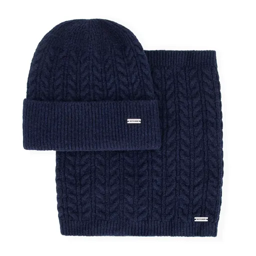 Dámsky zimný set – tmavomodrá čiapka a nákrčník s vrkočovým vzorom 101-SF-209-N