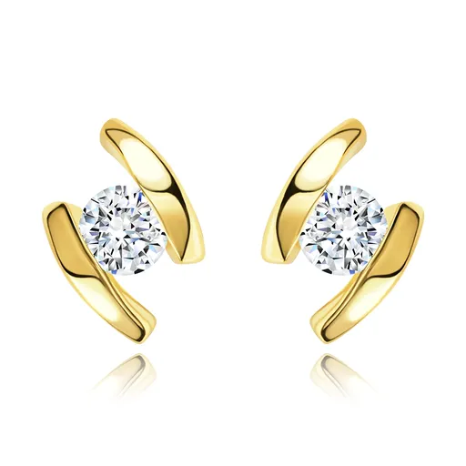 Náušnice v žltom 14K zlate - dva oblúčiky, číry briliant uprostred