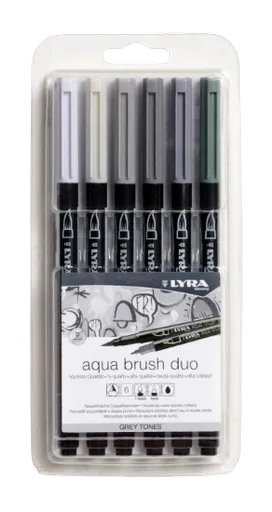LYRA AQUA BRUSH DUO - Popisovače s dvomi hrotmi 6 ks (šedé odtiene)
