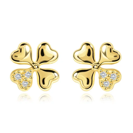 Diamantové náušnice zo žltého 14K zlata - symbol šťastia zo štyroch srdiečok