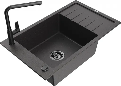 MEXEN/S MEXEN/S - Elias granitový drez 1-miska s odkvapkávačom vrátane batérie Flora, čierna kropenatá 6511-76-670401-70-B