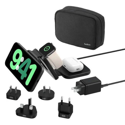 Belkin BOOST CHARGE™ PRE Qi2 3v1 Bezdrôtová skladacia cestovná podložka pre iPhone/Apple Watch/AirPods, čierna + adaptéry