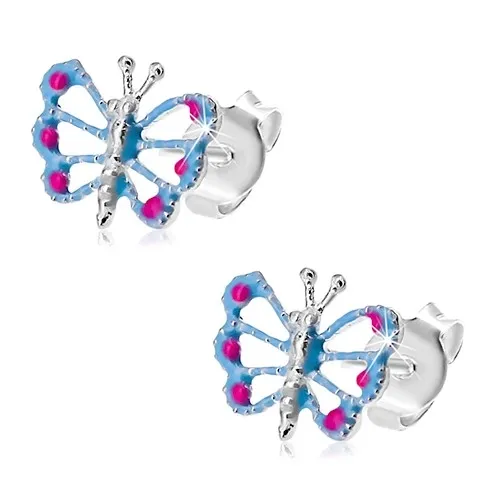 Náušnice zo striebra 925, motýlik s modrými krídlami, výrezy, ružové bodky