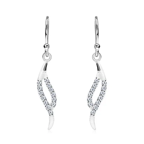 Visiace náušnice, striebro 925 - úzky list z dvoch zvlnených zirkónových línií