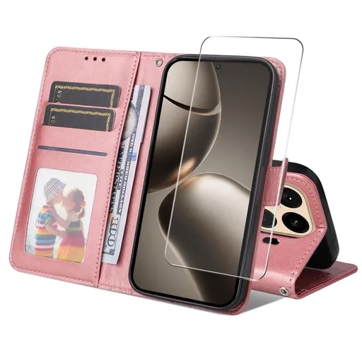 ENKAY PREMIUM SET Peňaženkové puzdro a ochranné sklo Xiaomi 15T ružové