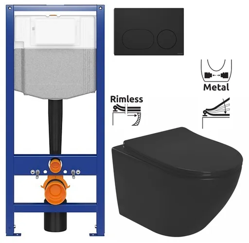 CERSANIT predstenový inštalačný systém s čiernym tlačidlom K97-0637 + WC REA CARLO MINI RIMLESS ČIERNY MAT + SEDADLO K97-526 0637 MM1