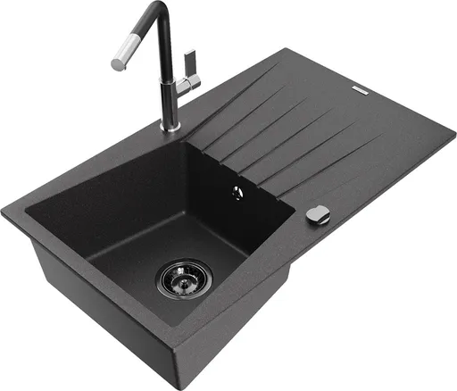 MEXEN/S MEXEN/S - Cesar granitový drez 1-miska s odkvapkávačom vrátane batérie Flora, čierna kropenatá 6514-76-670401-07-B