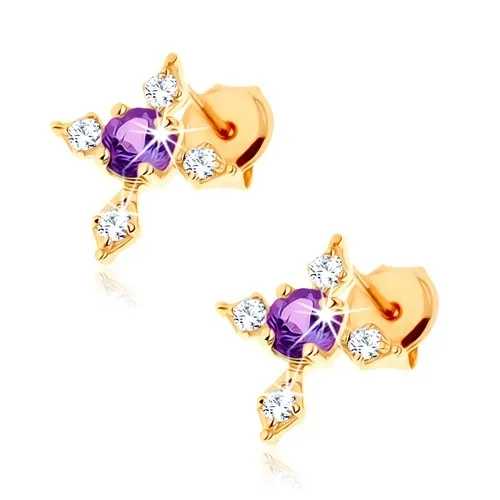 Zlaté náušnice 14K kríž s ametystom a zirkónovými ramenami