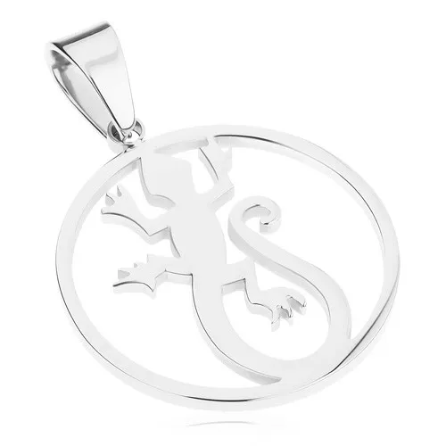 Lesklý okrúhly prívesok z ocele 316L, strieborná farba, jašterica v obryse kruhu