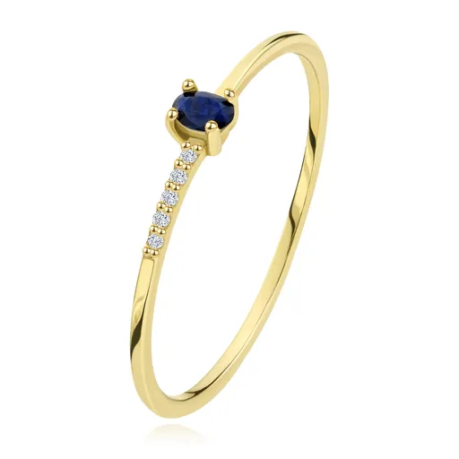 Prsteň zo žltého 14K zlata - päť čírych briliantov, oválny modrý zafír - Veľkosť: 58 mm