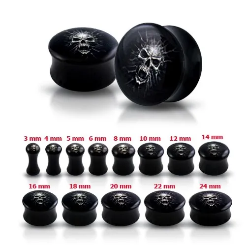 Čierny sedlový plug do ucha s lebkou - Hrúbka: 10 mm