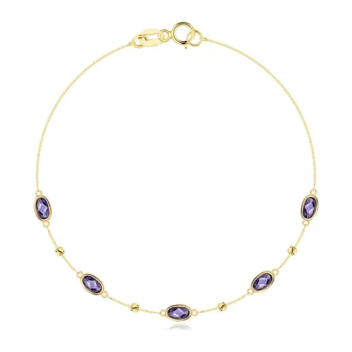Náramok zo žltého 585 zlata - fialové oválne ametysty, guľôčky so zárezmi