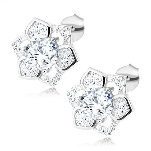 Náušnice, striebro 925, ligotavý kvietok, číre zirkóny