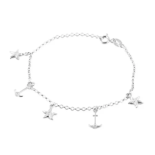Náramok zo striebra 925, hviezdice a kotvy, retiazka z okrúhlych očiek