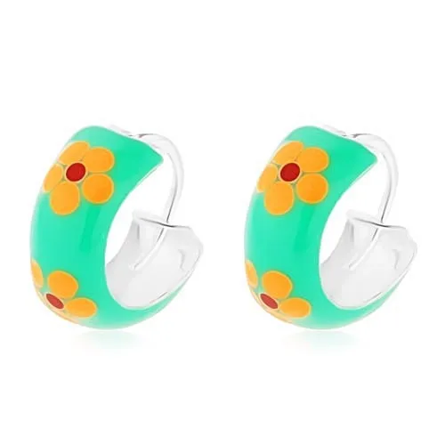 Náušnice zo striebra 925, obruč, zelená glazúra s oranžovými kvietkami, 10 mm