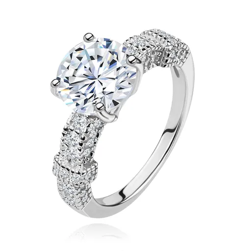 Zásnubný prsteň, striebro 925, zdobené ramená, veľký okrúhly zirkón čírej farby - Veľkosť: 52 mm