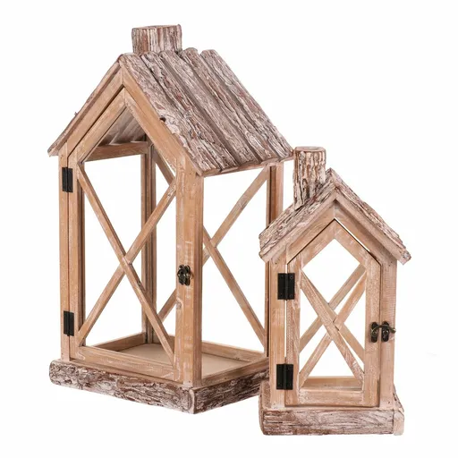 Súprava drevených lampášov v tvare domčeka, 2 ks