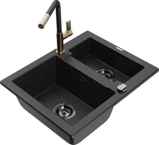 MEXEN/S MEXEN/S - Carlos granitový drez 1.5 vrátane batérie Flora, čierna/zlatá metalik 6518-75-670401-57-B