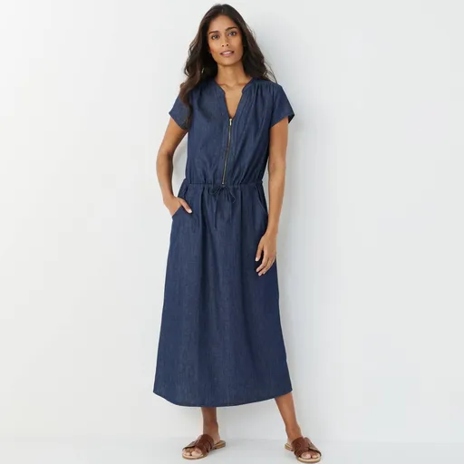 Midi šaty z tenkého denimu s výstrihom na zips a šnúrkou v páse