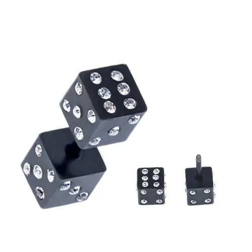 Falošný plug do ucha z ocele - čierne hracie kocky, zirkóny