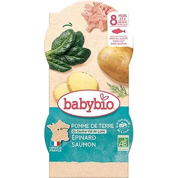 BABYBIO, Zemiaky a špenát s lososom a ryžou, 2× 200 g (3288131520568)