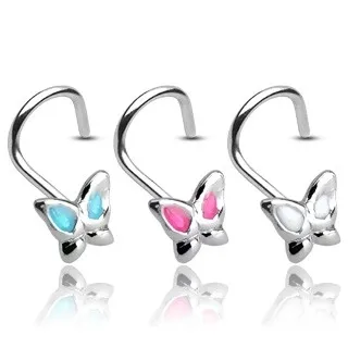Piercing do nosa zo striebra 925 - motýlik s glazúrovanými krídelkami - Farba piercing: Aqua