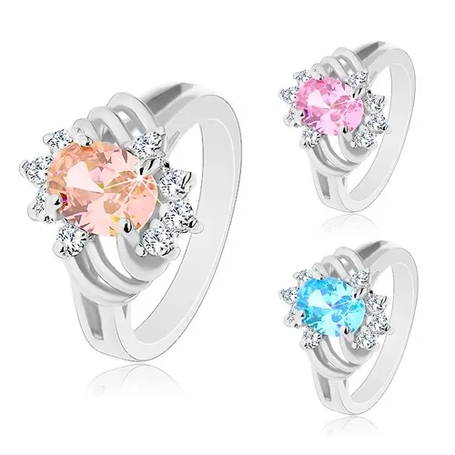 Ligotavý prsteň striebornej farby, veľký farebný ovál, tenké oblúky a číre zirkóny - Veľkosť: 53 mm, Farba: Ružová