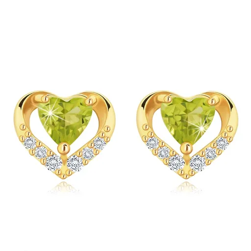 Puzetové náušnice zo žltého 14K zlata, kontúra srdca s olivínom a zirkónmi