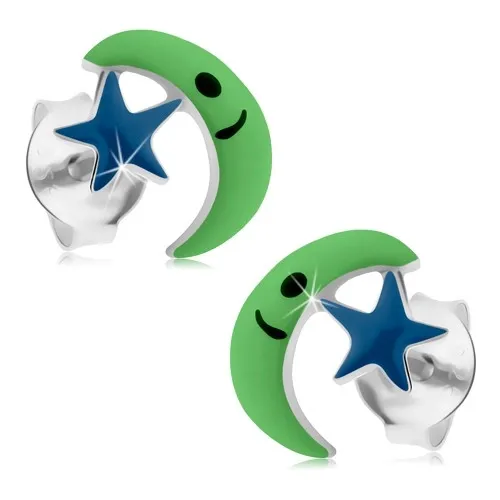 Puzetové náušnice zo striebra 925, zelený mesiac, modrá hviezda, glazúra