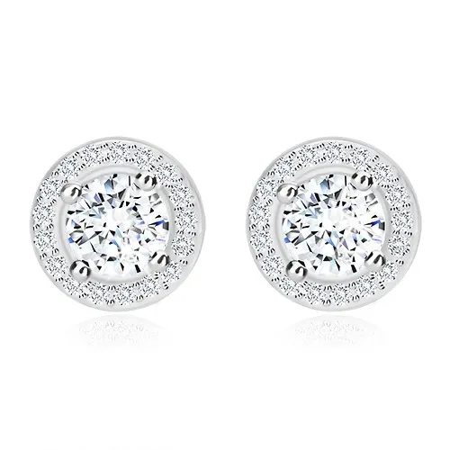 Puzetové náušnice - striebro 925, trblietavý okrúhly zirkón s čírym lemom, 9 mm