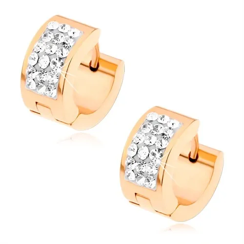 Oceľové náušnice zlatoružovej farby, širší biely pásik vykladaný čírymi zirkónmi