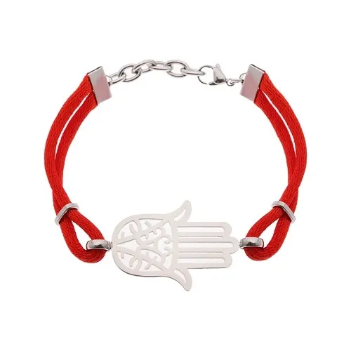 Náramok z chirurgickej ocele a červených šnúrok, vyrezávaný symbol Hamsa