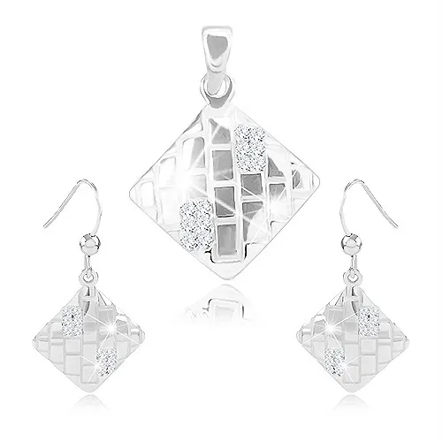 Set náušníc a prívesku, striebro 925, kosoštvorec so zárezmi a zirkónmi