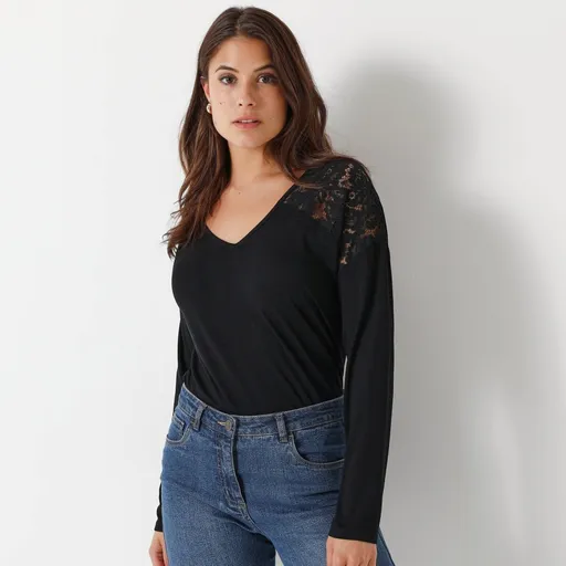 Tričko s výstrihom do V, dlhými rukávmi a čipkou