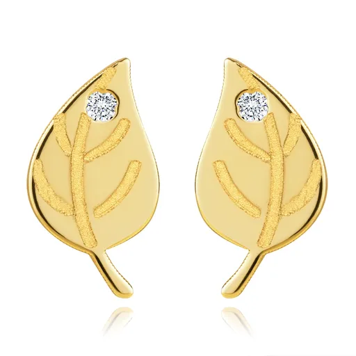 Puzetové náušnice v žltom 375 zlate - lesklý list so žilkami a zirkónom