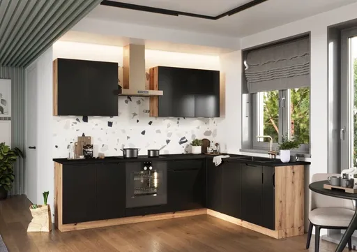 Artstolk Rohová kuchynská linka ISABEL | 200-260 cm dub artisan/čierna Prevedenie: s pracovnou doskou