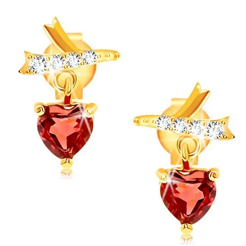 Zlaté náušnice 9K s granátovým srdcom a stuhou z čírych zirkónov