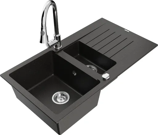 MEXEN/S MEXEN/S - Matias granitový drez 1.5 s odkvapkávačom vrátane batérie Elia, čierna/zlatá metalik 6502-75-670101-00