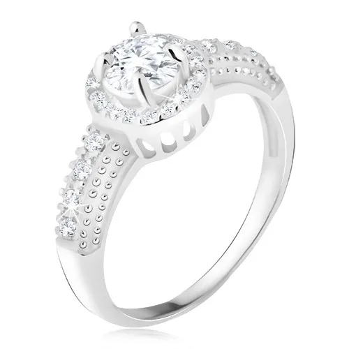 Strieborný 925 prsteň, číry zirkón s lemom, zirkónové ramená - Veľkosť: 55 mm