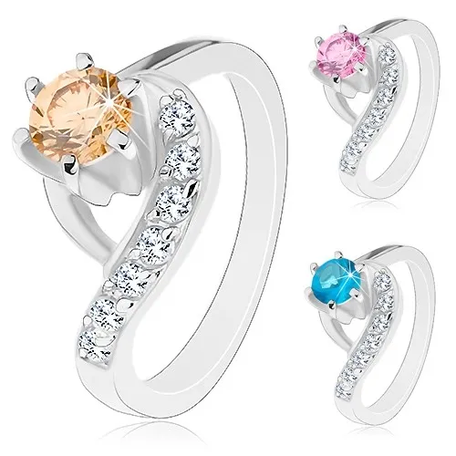 Prsteň striebornej farby, zvlnené konce ramien, okrúhly farebný zirkón - Veľkosť: 47 mm, Farba: Oranžová