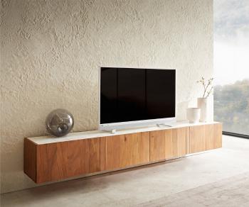 TV stolík Secara 220 cm akácia prírodná 4 dvierka mramor na zavesenie