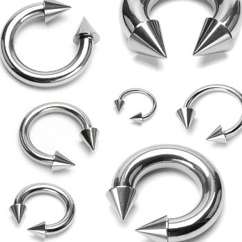Piercing striebornej farby z chirurgickej ocele - podkova ukončená hrotmi, rôzne veľkosti - Rozmer: 1,6 mm x 12 mm x 5x5 mm