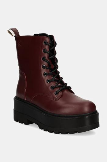 Workery Calvin Klein Jeans FLATFORM HIGH LACE UP MG DL dámske, bordová farba, na platforme, YW0YW01535