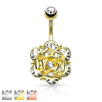 Piercing do bruška z ocele - kvetina s čírymi okrúhlymi zirkónmi, rôzne farby - Farba: Strieborná